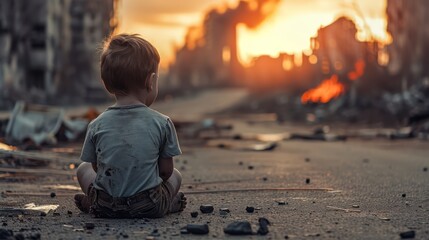 A dirty little boy sitting alone, bokeh building ruins background. After war or natural disasters concept.	 - obrazy, fototapety, plakaty