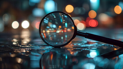 magnifying glass on a wet road with bokeh background