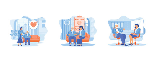 Fototapeta premium Happy woman greeting old man patient with recovery good analysis results. Positive practitioner doctor showing tablet screen to older 70s patient woman. Healthcare, Geriatric Medicine.
