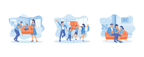 Fototapeta premium Family moving into new house. Homeowners family moving day. Weekend activity happy family lifestyle concept. set flat vector modern illustration 