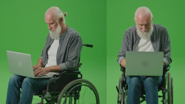 2-in-1 Split Green Screen Montage. An Old Man in a Wheelchair Works on a Laptop.A Smart Elderly Man, Freelancer, Browsing on the Internet Using a Laptop.Social Media and Online Communities for Seniors