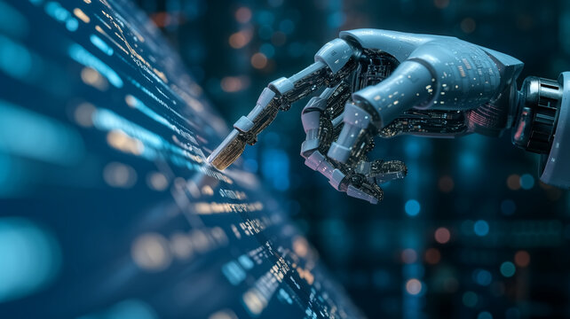 3d rendering humanoid robot hand working with binary code on virtual screen