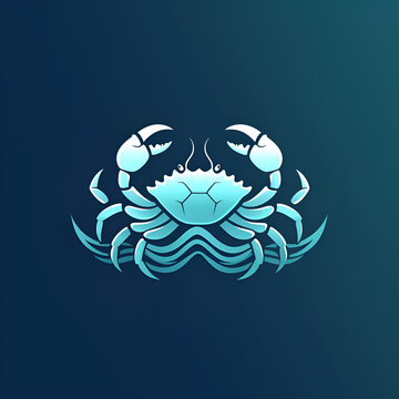 A logo illustration of a crab riding a turquoise wave. Created with generative AI.