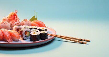 Sushi, delicious japanese cuisine, simple and elegant background, there is free space for text, wallpaper, poster, advertisement, etc,