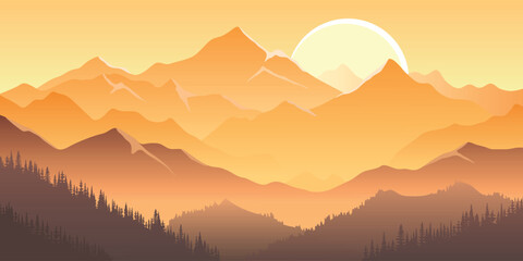 Sunrise in the mountains, morning haze and fog, sun over the peaks, vector illustration