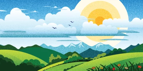 Foto op Canvas View of spring landscape, green meadows and hills, sun in the clouds, vector illustration © Valerii