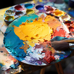 A close-up of a painters palette with mixed colors 