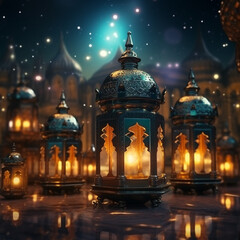 Fototapeta na wymiar 3d illustration Arabic lantern with burning candle glowing at night Muslim holy month Ramadan.