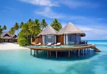 Tropical beach with water bungalows and coconut palm tree at Maldives