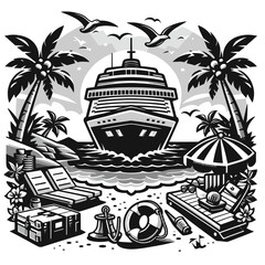 Tropical Cruise Ship Vacation Vector Set
