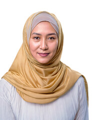 A woman smiles wearing a hijab