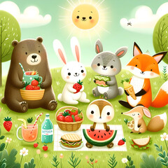 A cartoon art of a group of animals having a picnic