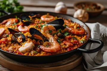 Seafood paella in a pan
