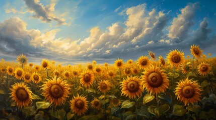 field sunflowers under cloudy sky large sun dreaming about faraway place expansive view color ecstasy turning yellow partly sunny - obrazy, fototapety, plakaty