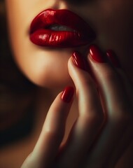 closeup woman red lipstick nails kisses wordless spells stunning beauty contours holding intimately glossy forbidden biting lustrous details face devoted - obrazy, fototapety, plakaty