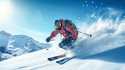 Frosty Descent Adventure: Thrilling skiing on a slope with snowflakes, conveying the dynamic nature of winter sports.