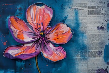 flower piece paper blue background newspaper clippings violet