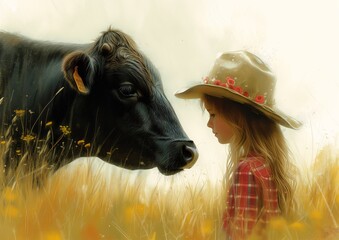 girl standing field cow cute friends gentle face tender cowboy innocence watery doe eyes facing young best cartoon