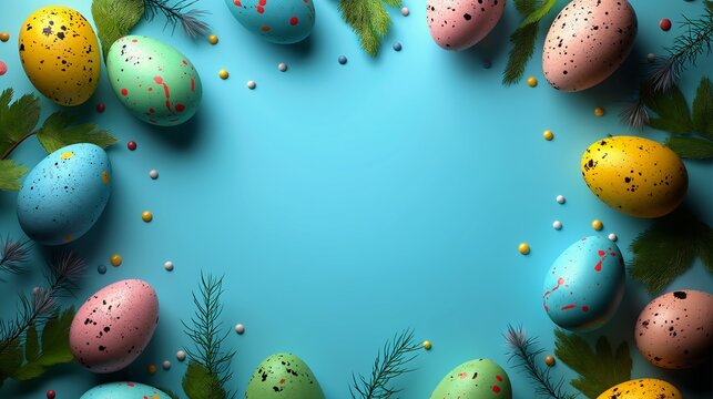 Closeup Blue Background Wreath Colored Eggs Holding Gift Table Full Food Sparse Floating Particles Easter Impactful Graphic Design Hidden Animals Date Trees