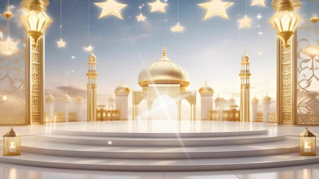 Ramadan Decoration mosque door, gold month and vintage lantern, seamless looping time-lapse virtual video background animation.