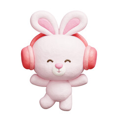 3D cute rabbit listening to music with headphones, Cartoon animal character, 3D rendering.