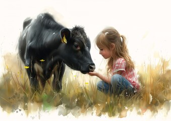 little girl petting cow field stunning drawing kind kid illustration studies friend cartoon...