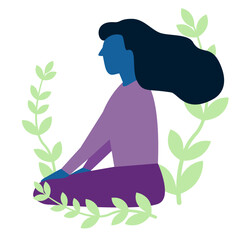Female meditating, exercising her mind in nature. Wellness and relax concept.Vector illustration 