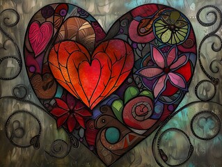 heart lot flowers butterflies tones black background graffiti illustration color red centered avatar spiraling