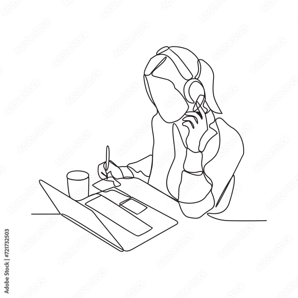 Wall mural One continuous line drawing of customer service who is receiving calls from customers and serving request from these customers vector illustration. Customer service activity illustration simple linear