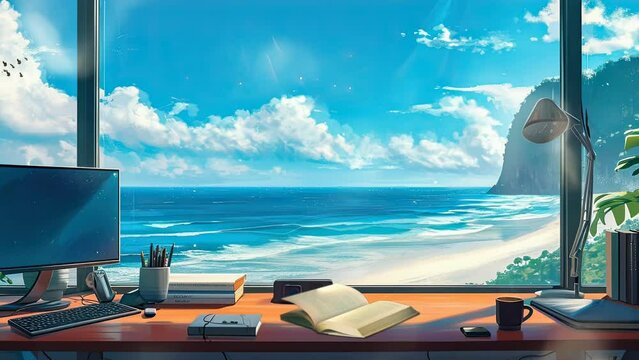 Reading room with table, chairs, books with beautiful sea view from the window, cartoon or japanese anime watercolor illustration painting style, seamless looping 4K virtual video animation background