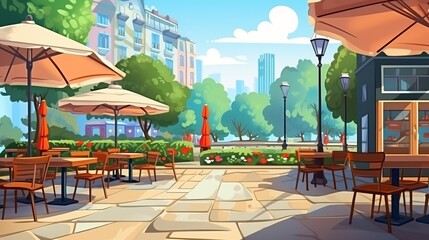 Outdoor street cafe in summer park area cartoon illustration outside restaurant area with table chair and umbrella exterior with city building landscape urban bistro coffeehouse on sidewalk design
