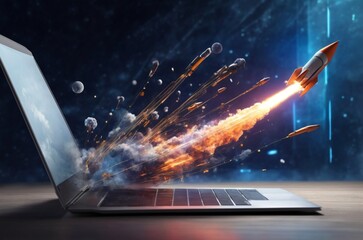 Rocket launching From Laptop Screen. Ai generated