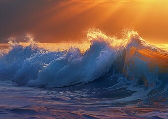 wave ocean sun shining clouds young deep fists fury closeup header evening sunlight siren song wall - obrazy, fototapety, plakaty