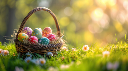 easter background postcard with a bag with painted eggs, close up of a basket with eggs with a soft warm background light in the meadow with grass at sunset