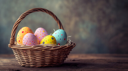 easter background postcard with a bag with painted eggs, close up of a basket with eggs with a soft warm background light