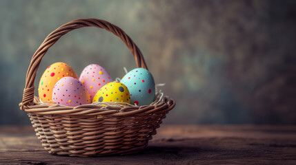 Fototapeta premium easter background postcard with a bag with painted eggs, close up of a basket with eggs with a soft warm background light