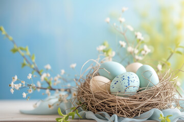 easter background postcard with a bag with painted eggs, soft blue color