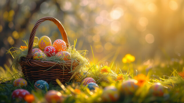 easter background postcard with a bag with painted eggs, close up of a basket with eggs with a soft warm background light in the meadow with grass at sunset with warm light