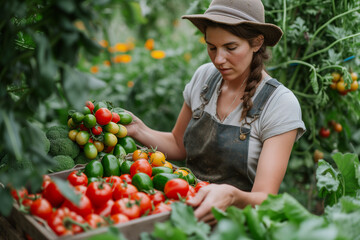 Woman harvesting fresh tomatoes in her organic garden. Homegrown produce of vegetables. Gardener picking up ripe tomato. Wooden crate full of vegetables