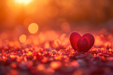 red heart on a flower background,Valentine concept background with red leaves in a tree and red hearts and soft sunlight at sunset, warm vibrant colors