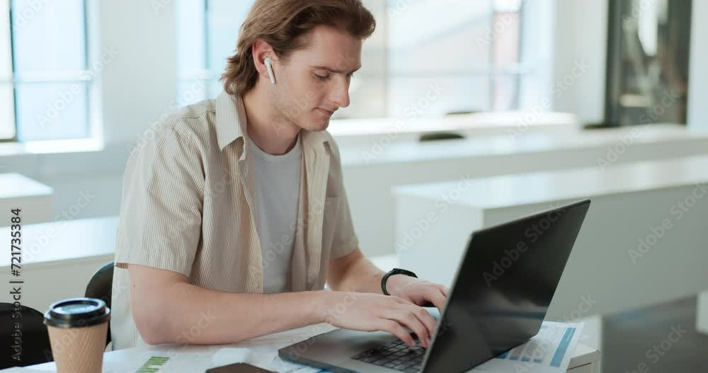 Poster typing, student and man with laptop, university and knowledge with project or brainstorming. person,
