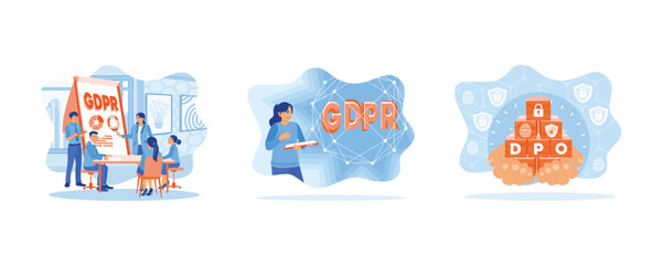 Naklejka premium Business team holding meeting in office. Young woman working with information. Data Protection Officer ( DPO ). General rules for data protection gdpr concept. Set Flat vector illustration.