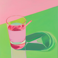 vintage silk screen print of drinks on a vibrant pink and green 
