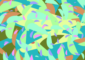 This is an abstract image with overlapping shapes in pastel colors on a multi-toned background.