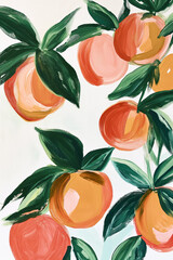 1970s vintage poster illustration of peaches, hand painted, pattern on a white background.