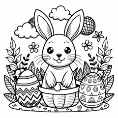 Easter Bunny joyfully carries a basket filled with colorful eggs in a delightful spring scene, featuring a cute rabbit surrounded by Easter-themed elements like eggs and vibra