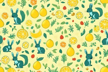 seamless pattern with lemons, rabbits, plants on plane background, periodic pattern