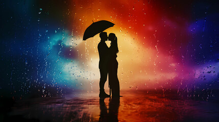 silhouette kissing under umbrella - obrazy, fototapety, plakaty