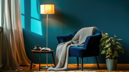 Blue Armchair and Warm Lighting Contemporary interior design elements Modern home decor and furniture cozy and stylish living space