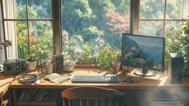 reading room with table, chairs, books with beautiful forest view from the window. Cartoon or Japanese anime watercolor illustration painting style. seamless looping 4K virtual video animation.